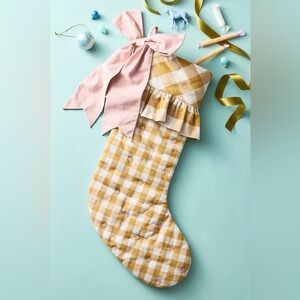 New Anthropologie Ochre / Pink Gingham Bow Christmas Holiday Stocking